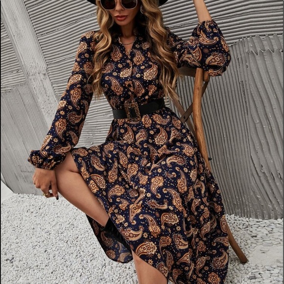 Boho Gypsy Paisley Floral Print Long Sleeve Shirt Dress Without Belt - Picture 4 of 7